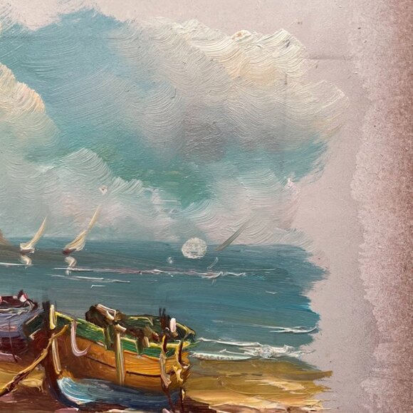 Small Oil Painting on Fiberboard Fishing Boats Sailboats Seashore Island Signed - Picture 2 of 7